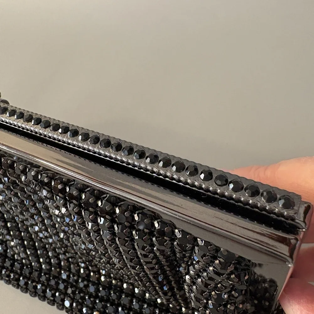 NEW Natasha Crystal Evening Purse Clutch Black Convertible Prong Set Stones